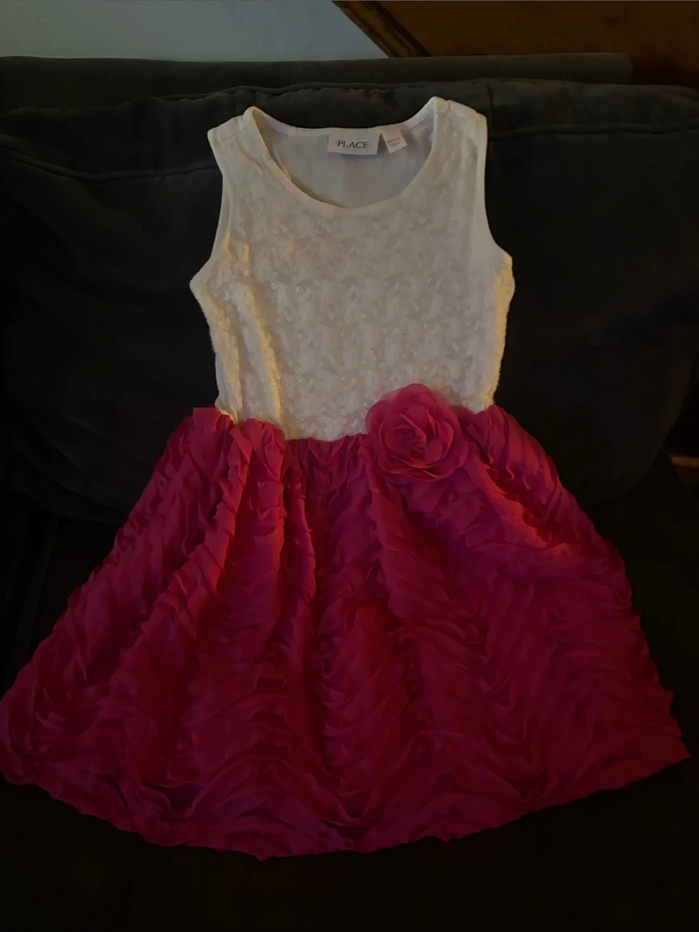 The Children's Place White Lace Top & Fuchsia Ruffle Flower Dress